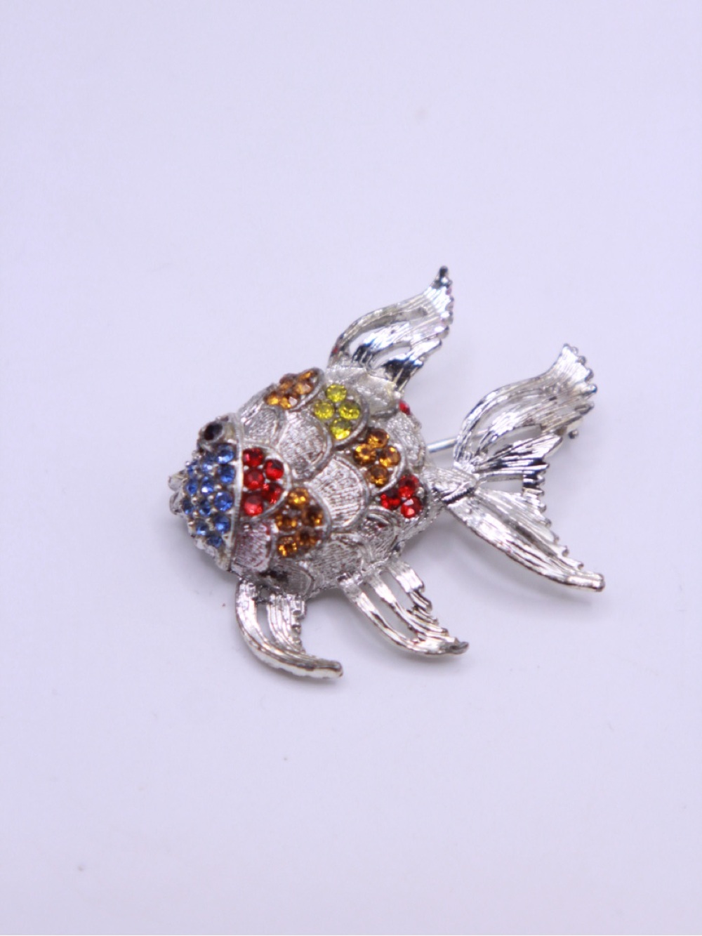 Silver Multicolor Crystal Fish Brooch - Colorful Gold & Red Accent Pin